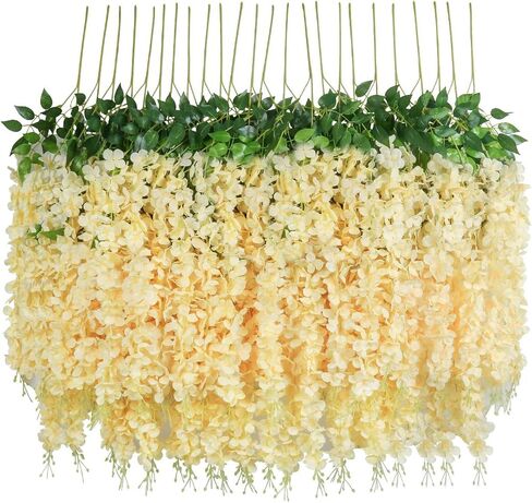 12 Pack 3.6 Feet Artificial Fake Wisteria Vine Ratta Hanging Garland Silk Flowers String Party Home Wedding Decor, (Champagne) in Saudi Arabia