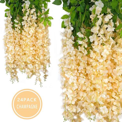 12 Pack 3.6 Feet Artificial Fake Wisteria Vine Ratta Hanging Garland Silk Flowers String Party Home Wedding Decor, (Champagne) in Saudi Arabia