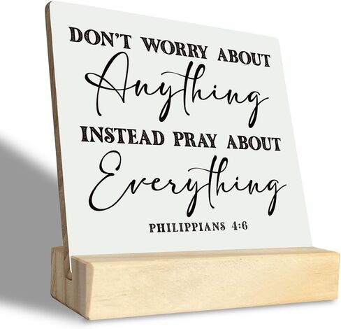 لوحة مسيحية، لوحات هدية مع حامل خشبي، فن طاولة ريفي للمزرعة، علامة خشبية ملهمة، هدية تشجيع، فيلبي 4: 6 - لا تقلق بشأن أي شيء بدلاً من الصلاة بشأن كل شيء in Kuwait