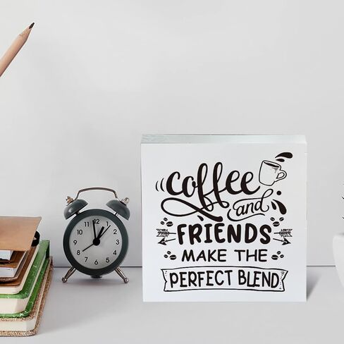 قهوة المزرعة والأصدقاء يصنعون مزيجًا مثاليًا من علامة الصندوق الخشبي على الطراز الريفي من خشب القهوة كتلة منضدية لافتة مكتب ديكور لرف المطبخ المنزلي 5 × 5 بوصات in Kuwait