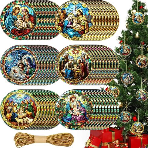 Riceshoot 30 Pieces Nativity Ornaments for Christmas Tree Wooden Acrylic Jesus Nativity Ornament Religious Christmas Ornaments with Ropes for Christmas Tree Decorations Gifts (Classic Style) in Saudi Arabia