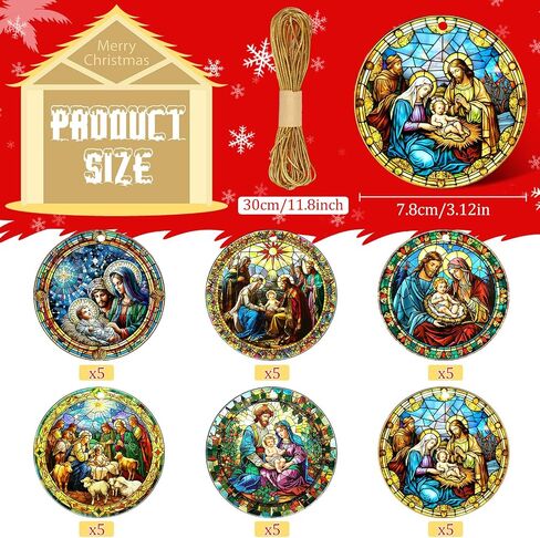 Riceshoot 30 Pieces Nativity Ornaments for Christmas Tree Wooden Acrylic Jesus Nativity Ornament Religious Christmas Ornaments with Ropes for Christmas Tree Decorations Gifts (Classic Style) in Saudi Arabia