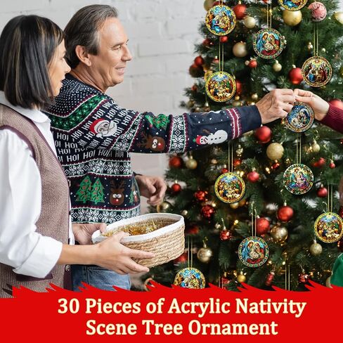 Riceshoot 30 Pieces Nativity Ornaments for Christmas Tree Wooden Acrylic Jesus Nativity Ornament Religious Christmas Ornaments with Ropes for Christmas Tree Decorations Gifts (Classic Style) in Saudi Arabia