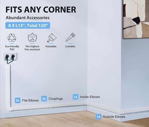Cord Hider Wall for 1-4 Cords, 45in(3X L15in) Cable Management Kit, Cord Organizer Wall, TV Cable Hider Wire Hider for Wall Hide Cords Wall Mounted TV, Cable Raceway White W1.2in H0.7in Large in Saudi Arabia