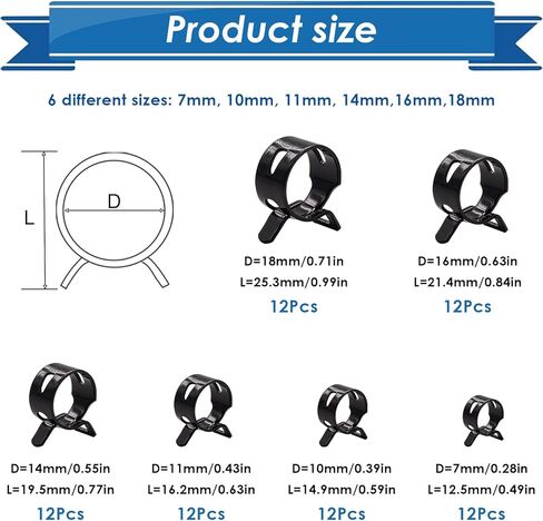 72Pcs Spring Hose Clamps Fuel Line Silicone Vacuum Hose Low Pressure Air Clamps & Sleeving Automotive Replacement Fastener Assortment Kit 6 Sizes (7mm 10mm 11mm 14mm 16mm 17mm) in Saudi Arabia
