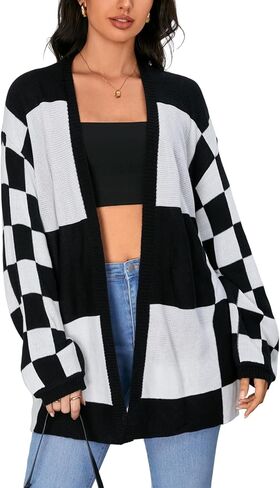 SOLY HUX Women's Long Sleeve Oversized Sweater Checkered Cardigan Open Front Outerwear Tops in Saudi Arabia