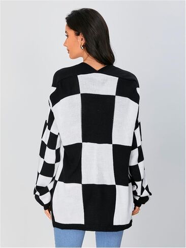 SOLY HUX Women's Long Sleeve Oversized Sweater Checkered Cardigan Open Front Outerwear Tops in Saudi Arabia