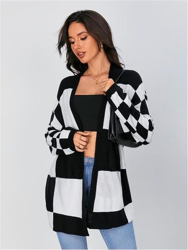 SOLY HUX Women's Long Sleeve Oversized Sweater Checkered Cardigan Open Front Outerwear Tops in Saudi Arabia
