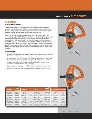 Keson FLT18M165 Freewheeling Fiberglass Tape Measure with Double Hook (Graduations: ft., in., 1/8 & m, cm, 2mm), 50-Meter/165-Foot in Kuwait