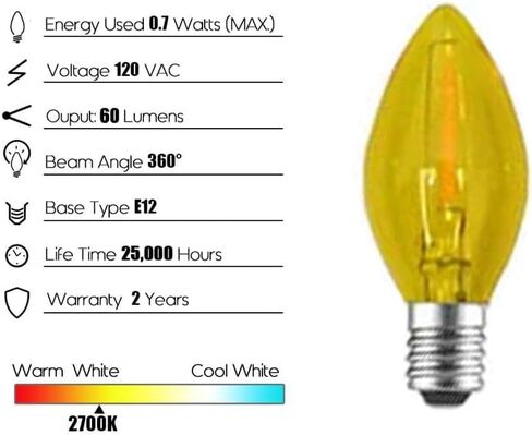5 Pack C7 Yellow LED Replacement Christmas Light Bulbs,E12 Candelabra Base, Shatterproof Plastic, for Christmas Outdoor String Lights (Yellow) in Saudi Arabia