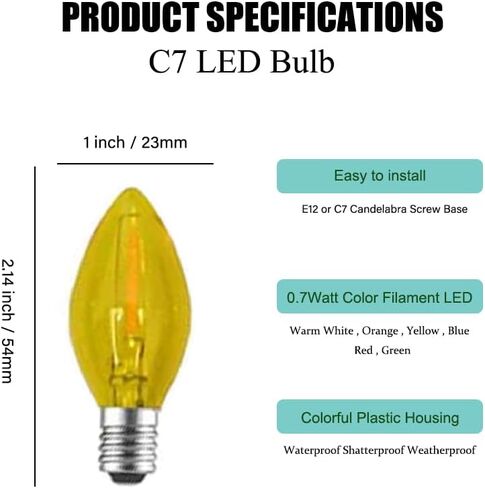 5 Pack C7 Yellow LED Replacement Christmas Light Bulbs,E12 Candelabra Base, Shatterproof Plastic, for Christmas Outdoor String Lights (Yellow) in Saudi Arabia