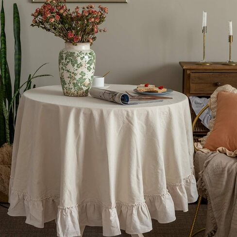 Retro Farmhouse Ruffle Tablecloth Cotton Flounces Trim Washable Table Cover Tablecloths for Rectangle Table Baby Shower Kitchen Party Wedding Decor Off-White, 60''x120'' in Kuwait