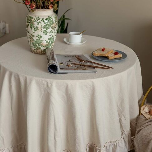 Retro Farmhouse Ruffle Tablecloth Cotton Flounces Trim Washable Table Cover Tablecloths for Rectangle Table Baby Shower Kitchen Party Wedding Decor Off-White, 60''x120'' in Kuwait