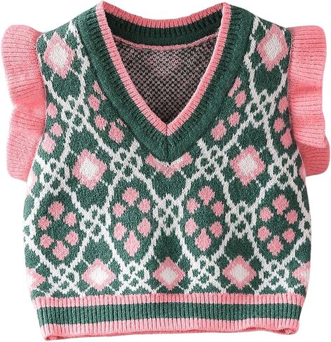 Floerns Toddler Girl's Striped Print Knitwear Pullover Tank Ruffle Trim Sweater Vest in Saudi Arabia
