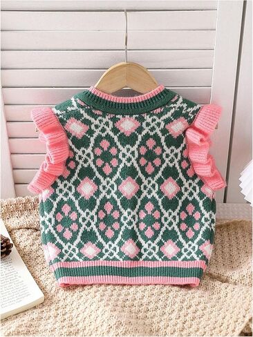 Floerns Toddler Girl's Striped Print Knitwear Pullover Tank Ruffle Trim Sweater Vest in Saudi Arabia