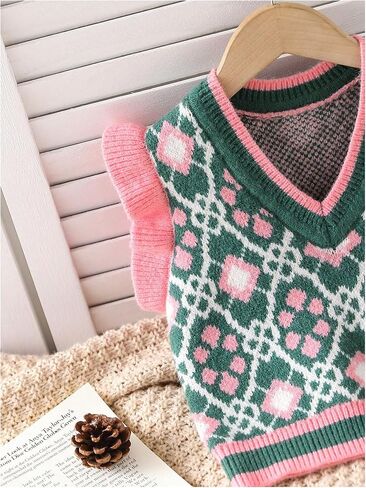 Floerns Toddler Girl's Striped Print Knitwear Pullover Tank Ruffle Trim Sweater Vest in Saudi Arabia