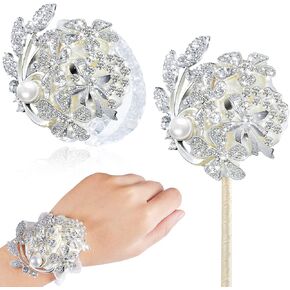 2 Pcs Artificial Corsages Wrist Flower Rhinestone Artificial Silk Corsage for Wedding Boutonniere Wrist Flowers Party Bridal Shower (Silver Ivory,Vintage Style)