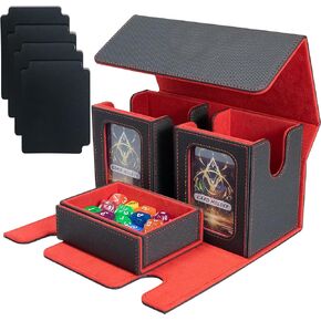 MTG Deck Box Commander Deck Box 3-in-1 Deck Storage Case, 4 Dividers, PU Leather Card Deck Box for MTG Commander TCG CCG, Black-Red