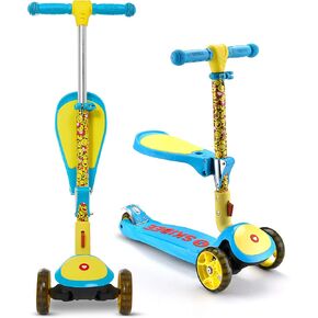 Kick Scooters for Kids Ages 3-5 (Suitable for 2-12 Year Old) Adjustable Height Foldable Scooter Removable Seat, 3 LED Light Wheels, Rear Brake, Wide Standing Board, Outdoor Activities for Boys/Girls