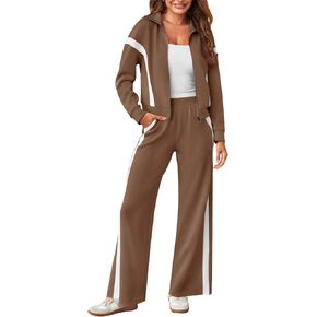MEROKEETY Women's 2 Piece Outfits Color Block Sweatsuit Zip Up Sweatshirt Wide Leg Sweatpant Tracksuit Lounge Travel Set