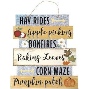 Wooden Harvest Welcome Signs, 14.5x10.5-in. (Hayrides) Hello Fall Winter Spring Summer Sign Rustic Wood Decor Farmhouse Wall Hanging Plaque Filleted Corner Wooden Sign for Home Bathroom Indoor Outdoor