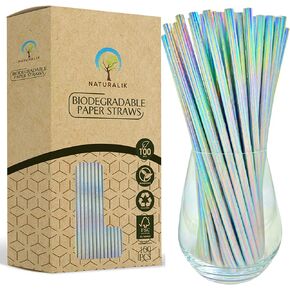 100-Pack Extra Durable Iridescent Paper Straws Biodegradable- Premium Eco-Friendly Paper Straws Bulk- Drinking Straws for Juices, Restaurants and Party supplies, 7.7" (Silver, 100ct)