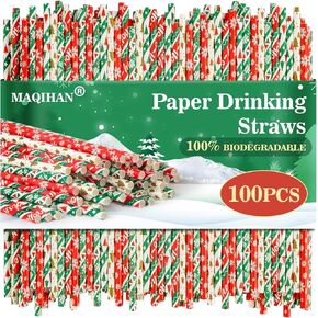 100pcs Christmas Drinking Straws - Cocktail Straws Small Colourful Agave Kraft Paper Straws Bulk, for Coffee, Milk, Juice, Cocktial and Suit for Christmas, Birthday Parties, Weddings.