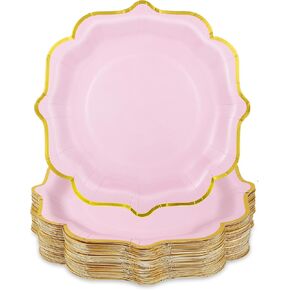 60 Pcs White and Gold Paper Plates, 9 Inch White Dessert Paper Plates Cake Plates Disposable Scalloped Paper Plates with Gold Foil Edges for Tea Party Baby Shower Birthday