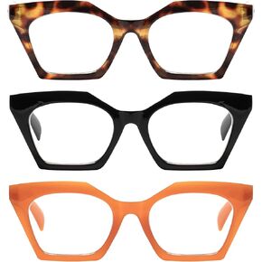 3 Pack Oversized Fashion Cat Eye Reading Glasses Women, Large Anti Blue Light Cateye Readers Flexible Spring Hange