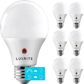 LUXRITE A19 LED Dusk to Dawn Light Bulbs Outdoor Lighting, 60 Watt Equivalent, Enclosed Fixture Rated, Automatic On Off Sensor, 5000K Bright White, 800 Lumens, Damp Rated, E26 Base (2 Pack)