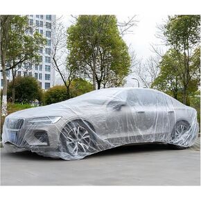 2 PCS Disposable Car Cover, 15.7×24.7 ft Waterproof Clear Plastic Full Car Cover Protection, Universal Rain Dust Garage Cover with Elastic Band for SUV, Car Accessories