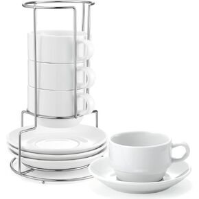 Yedio Porcelain 4 oz Espresso Coffee Cups with Saucers and Metal Stand, Porcelain White Stackable Cappuccino Cups Set of 4