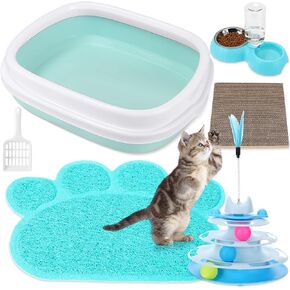 Tiangrid 5 Pcs Kitten Starter Kit Include Cat Litter Box with Shovel Paw Litter Mat Scratch Pad Automatic Cat Bowls Interactive Turntable Kitten Toy for Stimulating Senses Indoor Cats Life, Pink