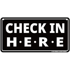 GEEKBEAR Check In Here Sign Hanging from Ceiling - 12 x 6 in (Black)