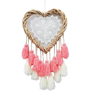 LVOPO Wall Hanging with Pink Tassels, Boho Baby Girls Room Wall Decor, Kids Nursery Decoration, Handmade Rattan Woven & Soft Cotton Cute Wall Art Backdrop, Chic Birthday Gift