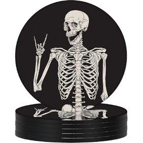 Swooflia Coasters for Drinks Coffee Table, Skeleton Funny Black Silicone Absorbent Cup Coaster Set Housewarming Kitchen Home Wooden Desk Office Bar Tabletop Decor 6 Pack