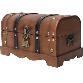 Vintage Wooden Treasure Chest Decorative Box with Lock - 12.2" x 7.1" x 7.1", Brown