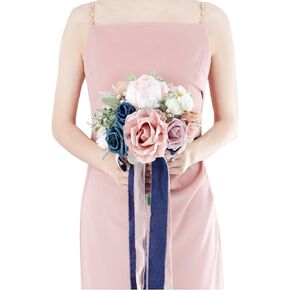 7 Inch Dusty Blue & Navy Blue Wedding Bouquets for Bride Bridesmaids White Artificial Roses Flower Toss Tossing Bridal Bouquet for Rustic Boho Fall Wedding Ceremony Party
