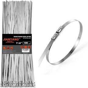Metal Zip Ties 100PCS 11.8 Inch 304 Stainless Steel Double Headed Metal Cable Ties 300LBS Heavy Duty Multi-Purpose Self-Locking Wire Ties for Chain Link Fence, Machinery, Vehicles, Cables, Farms,Pipes