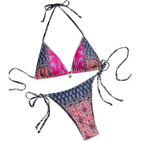 GORGLITTER Women's String Thong Swimsuit High Cut Halter Triangle Top Boho Colorblock Bikini Set Bathing Suit in Kuwait