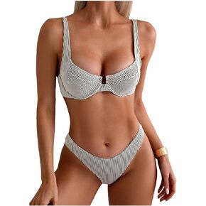 MakeMeChic Women's 2 Piece Swimsuit Striped Push Up Wide Strap High Cut Bikini Set Bathing Suit