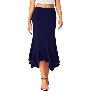 Women's Stretchy High Waist Ruffle Asymmetrical Hem Flowy Midi Skirt