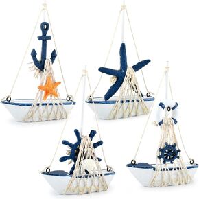 4 Pieces Miniature Sailboat Model Decor, Vintage Nautical Handmade Wooden Sailboat Decor, Sail Boat Decor for Home, Suitable for Beach Nautical Home Decor, Miniature Boat Decor
