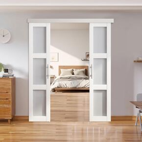BARNSMITH 18in x 84in Double Glass Barn Door and 6FT Hardware Kit Included, Silver Aluminium Alloy Box Rail & Handle,3-Panel Frosted Glass Barn Door with Water-Proof PVC Surface, Easy Assembly,White