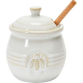 Creative Co-Op Farmhouse Embossed Stoneware Honey Pot with Wood Honey Dipper, White