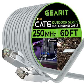 GearIT Cat 6 Outdoor Flat Ethernet Cable (60ft, Gray) Direct Burial Rated LLDPE Jacket - Indoor Cat6 Shielded FTP 10Gbps High Speed Gaming Computer Network RJ45 Snagless Patch Cord Internet