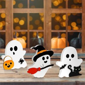 Cute Ghost for Halloween Decorations Indoor: 3 Pcs Wooden Tiered Tray Decor on Table - Home Centerpiece Display on Mantel