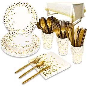 350 Pieces Gold Disposable Party Dinnerware Set &Golden Dot Disposable Party Dinnerware - Black Paper Plates Napkins Cups, Gold Plastic Forks Knives Spoons