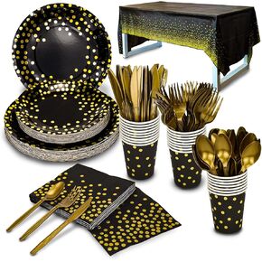 350 Pieces Gold Disposable Party Dinnerware Set &Golden Dot Disposable Party Dinnerware - Black Paper Plates Napkins Cups, Gold Plastic Forks Knives Spoons