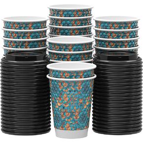 Qunclay Disposable Paper Coffee Cups with Lids, 100 pack 12 oz Embossed Paper Cups, Double Wall Insulated Takeaway To Go Hot Drinking Cups for Home Office Wedding Party Supply